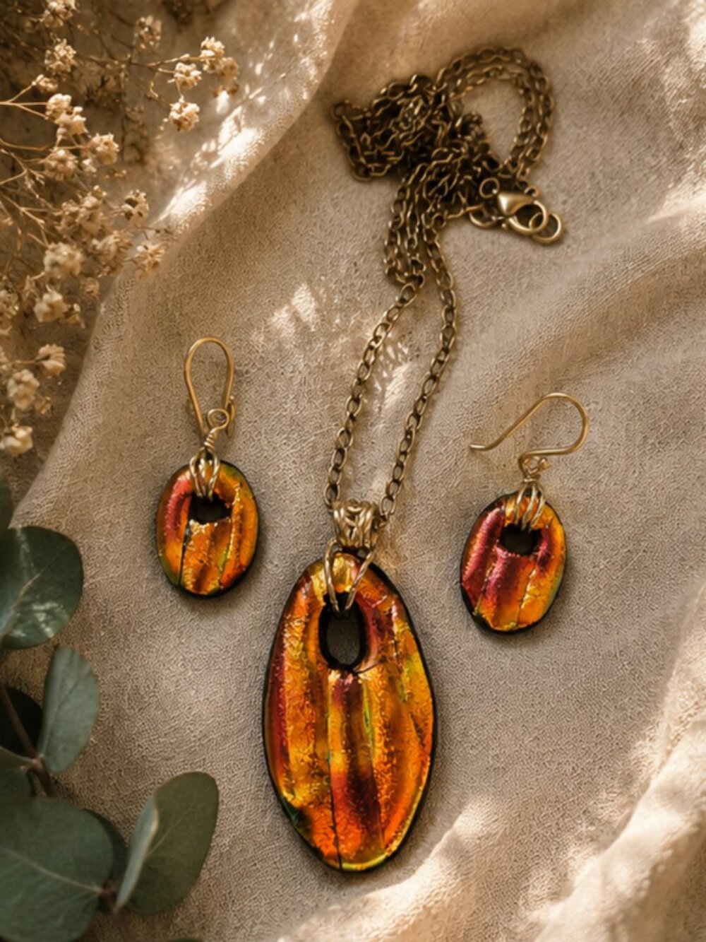 Art Glass Necklace & Earrings Set | Black Glass with Gold & Copper Foil